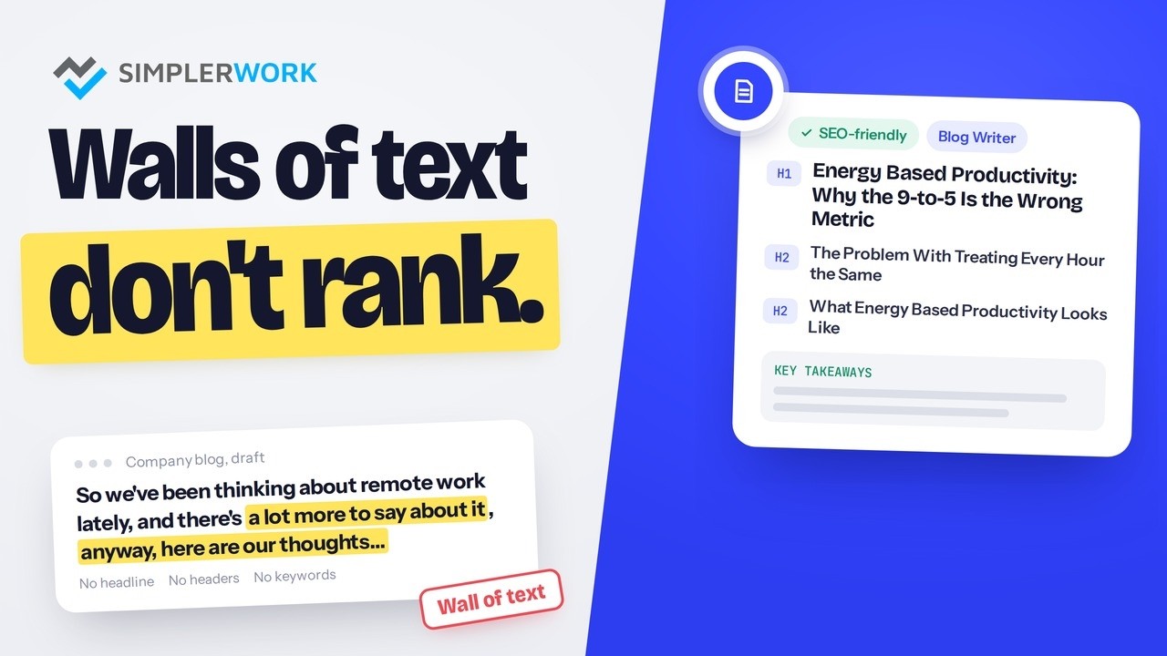 A rambling company blog draft flagged Wall of text next to an SEO-friendly Blog Writer article with an H1, H2s and key takeaways, titled Walls of text don't rank.