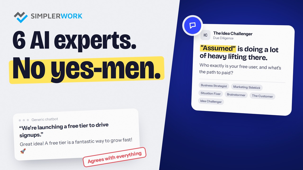 A generic chatbot agreeing with a free-tier plan next to The Idea Challenger questioning it, titled 6 AI experts. No yes-men.