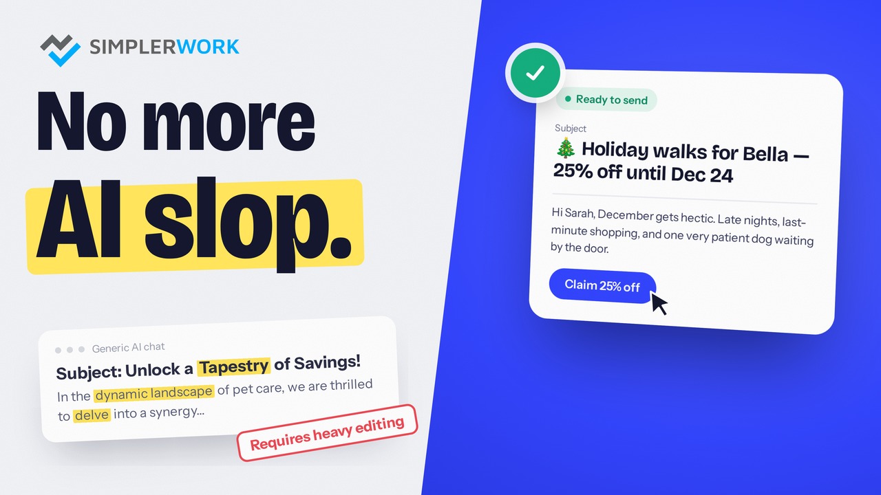 A generic AI email draft flagged Requires heavy editing next to a ready-to-send holiday offer email, titled No more AI slop.