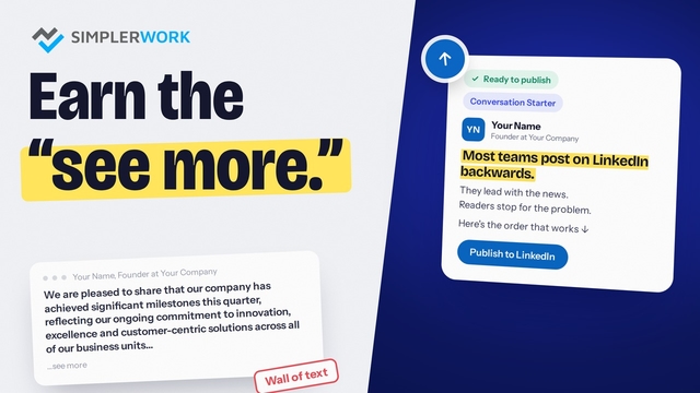 A wall-of-text LinkedIn update next to a Conversation Starter post ready to publish, titled Earn the "see more."