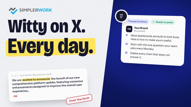 A corporate X post over the character limit next to a numbered thread from Thread Architect, titled Witty on X. Every day.